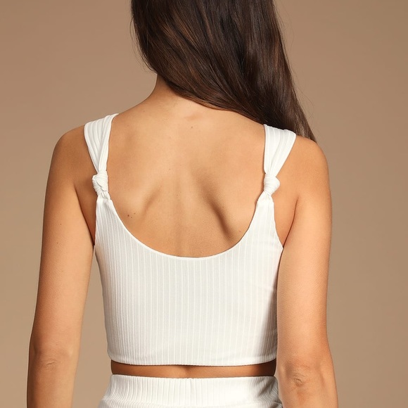Lulus Let's Unwind White Ribbed Knotted Cropped Tank Top - Picture 4 of 5